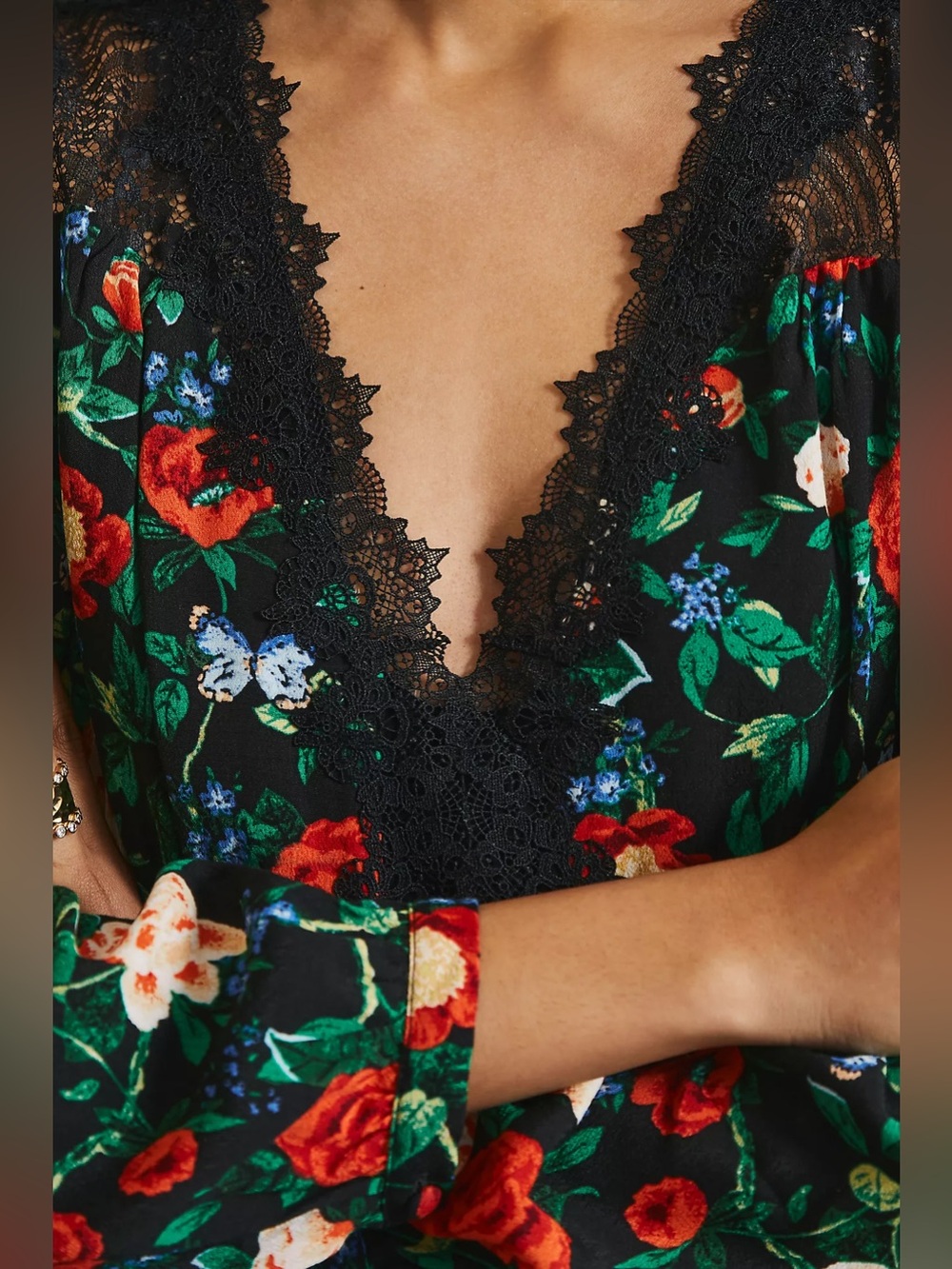 Anthropologie Lacy V-Neck Floral Mini Long Sleeve Lace Detail Boho A-Line dress - Picture 6 of 13